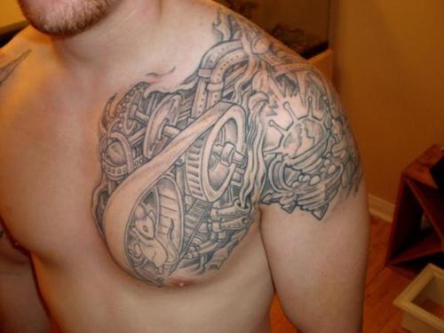 Old School Grey Mechancial Gears Tattoo On Chest And Shoulder
