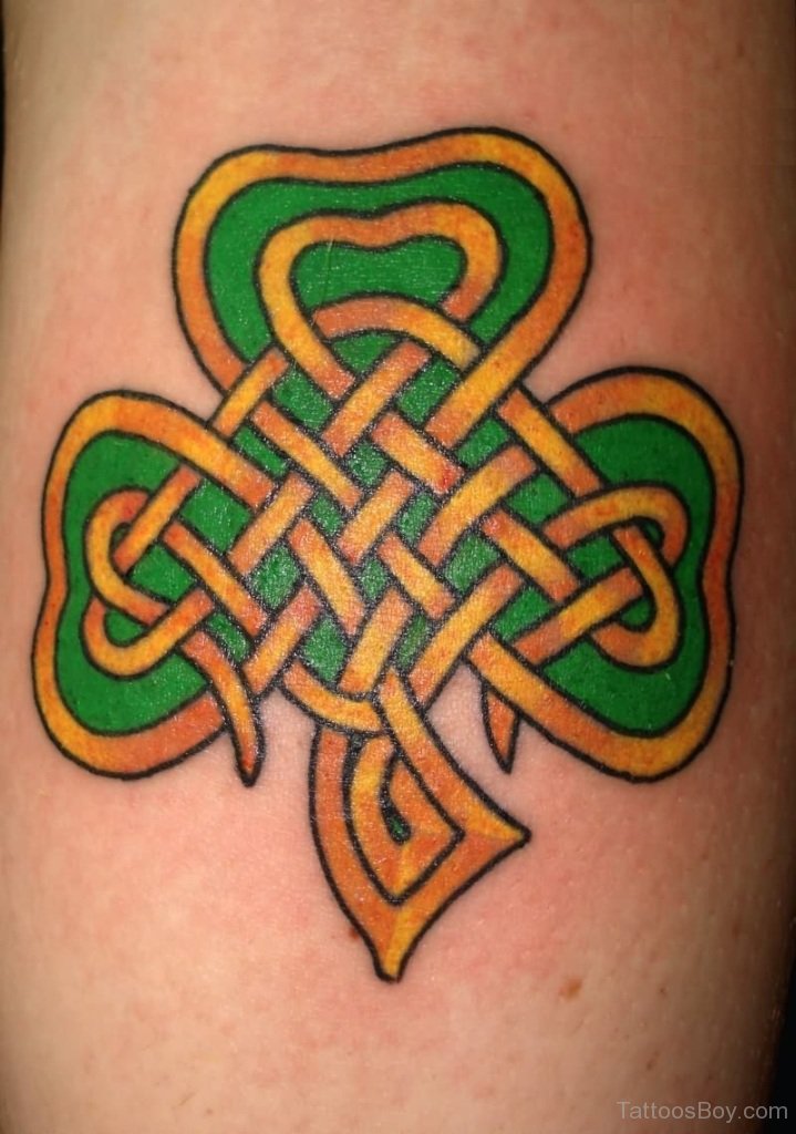 Orange And Green Celtic Shamrock Leaf Tattoo