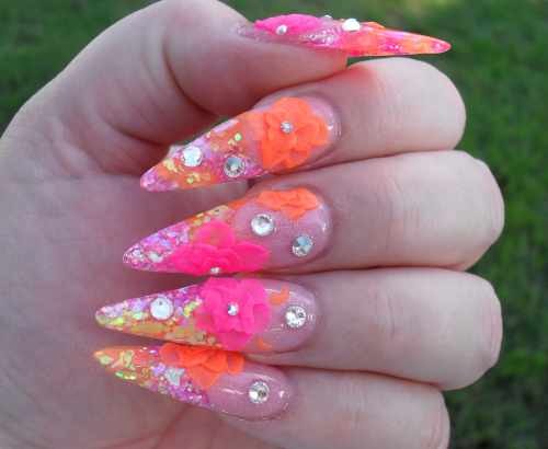Orange And Pink 3D Flowers Stiletto Nail Art