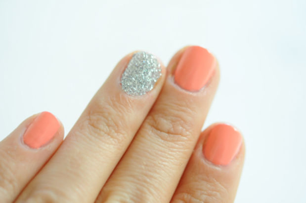 Orange Nails With Accent Silver Glitter Nail Art