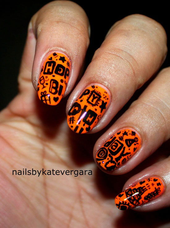 Orange Nails With Black Birthday Nail Art Design