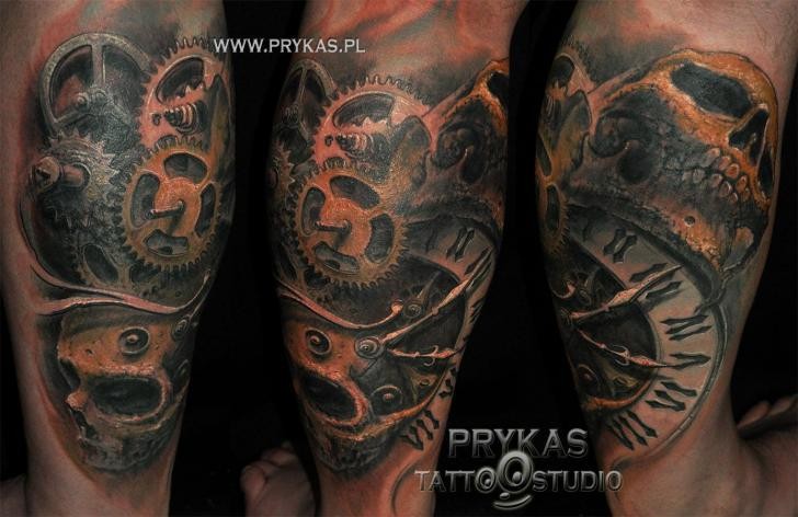 Outstanding 3D Realistic Mechanic Gears Clock And Skull Tattoo