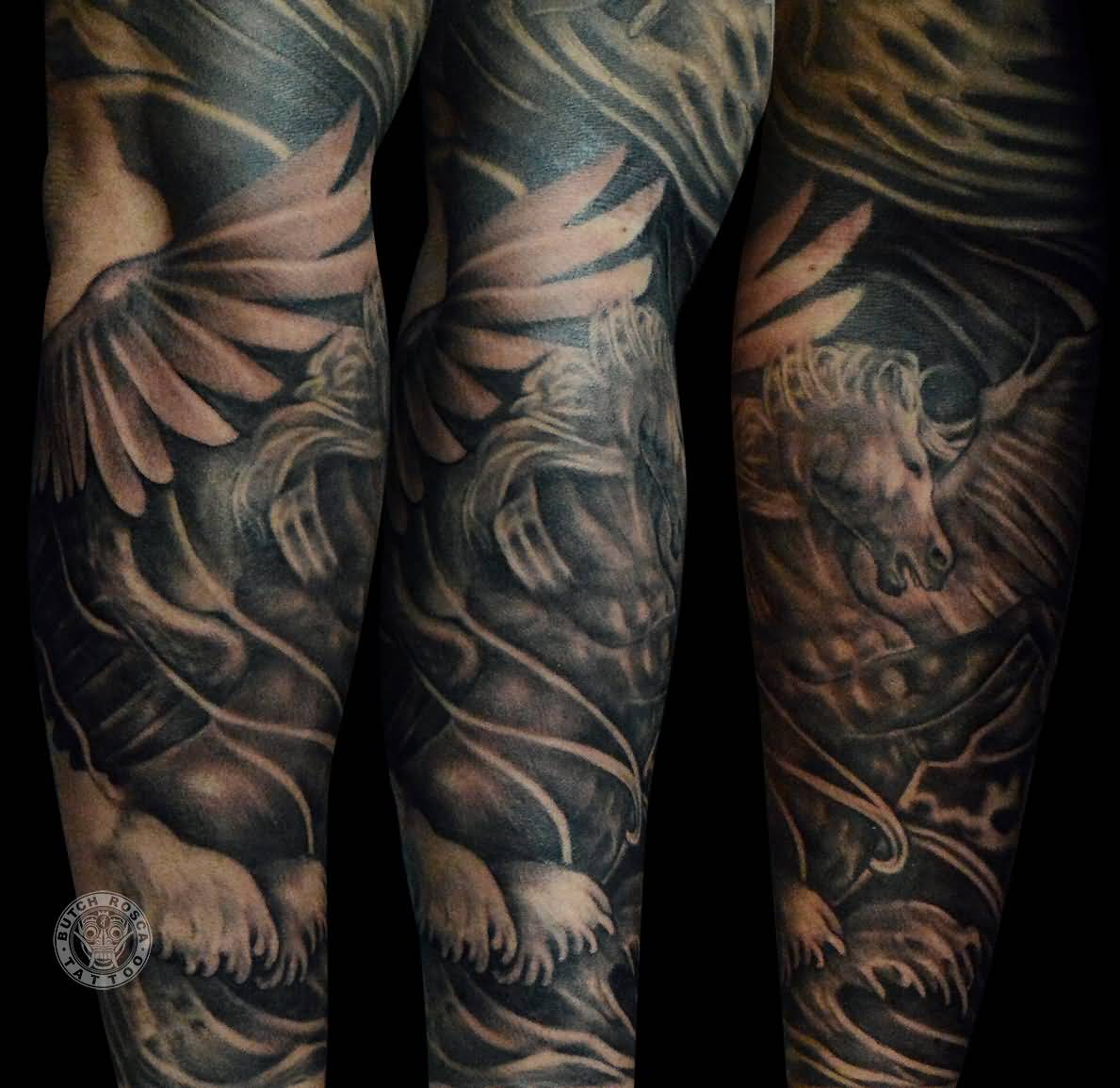 Outstanding Black And Grey Pegasus Tattoo