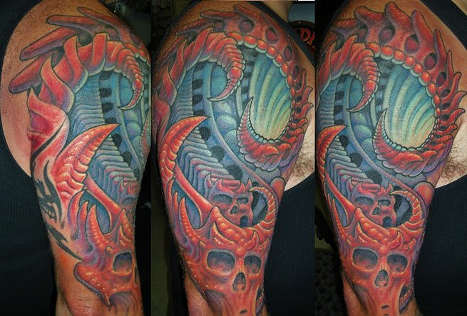Outstanding Cow Skull Mechanical Colorful Tattoo On Left Half Sleeve