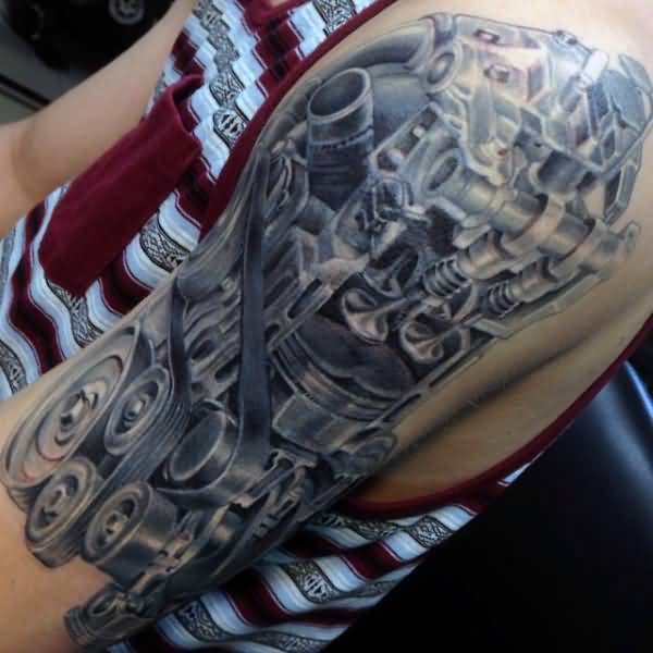 Outstanding Grey Mechanical Engine Tattoo On Right Half Sleeve