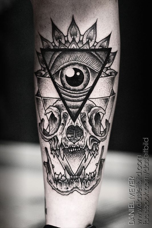 Outstanding Grey Triangle Eye With Skull Tattoo