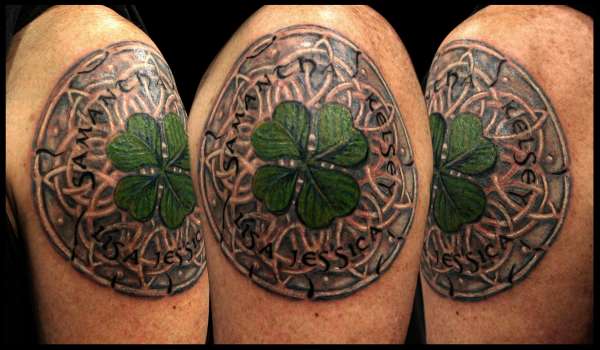 Outstanding Shamrock In Celtic Circle Tattoo On Shoulder
