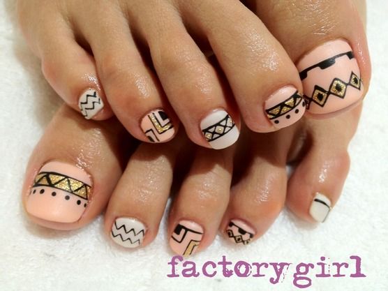 Peach And Gold Tribal Toe Nail Art