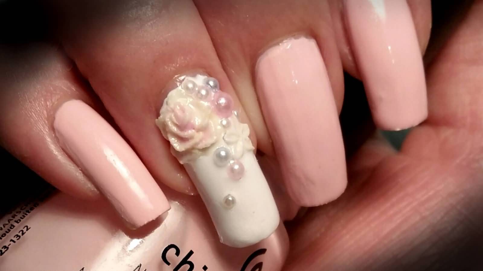 Pearls And 3D Rose Flowers Nail Art