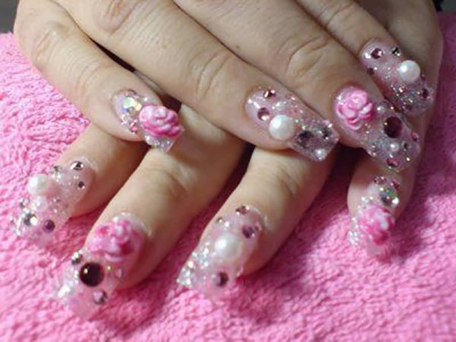 Pearls And Rose Flower 3D Nail Art Design Idea