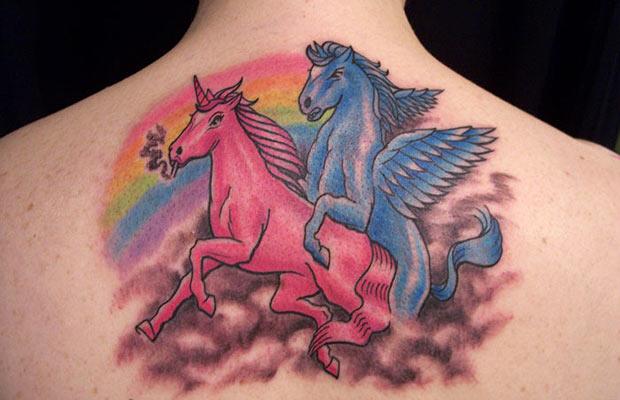 Pegasus And Unicorn Colorful Tattoo On Upper Back