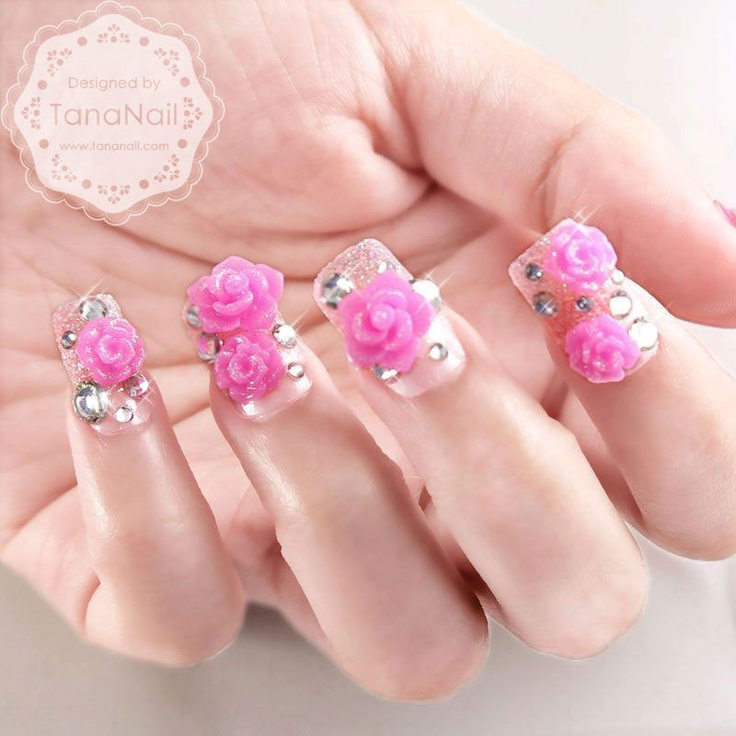 Pink 3D Rose Flowers Nail Design Idea