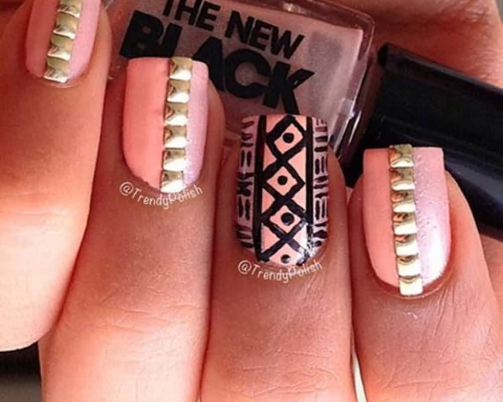 Pink Accent Tribal Nail Art With Gold Caviar Beads Design Idea
