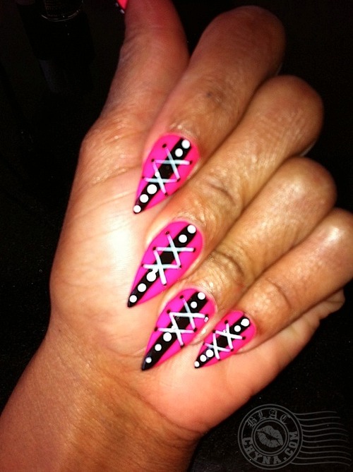 Pink And Black Corset Design Stiletto Nail Art