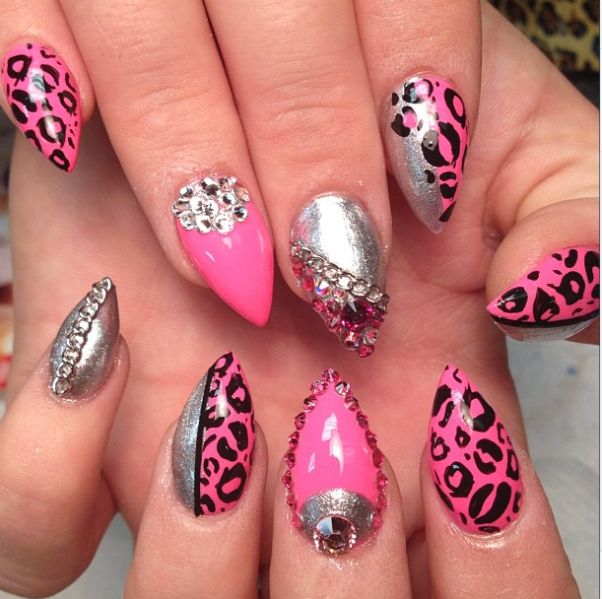Pink And Black Leopard Print With Silver Design Stiletto Nail Art