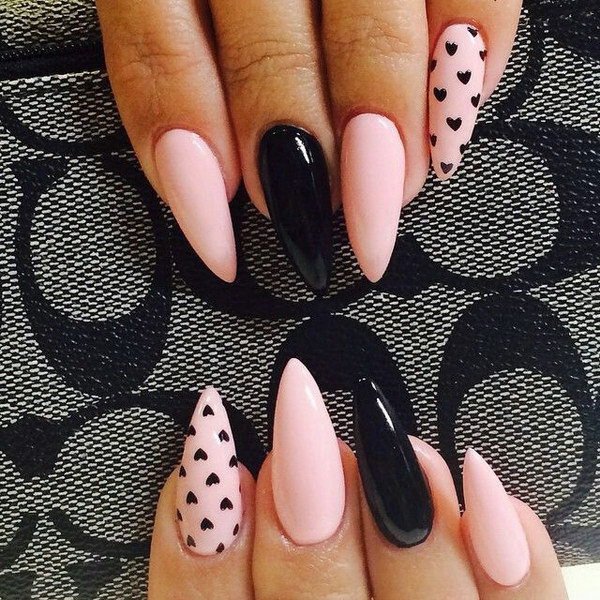 Pink And Black Stiletto Nail Art With Small Hearts Design