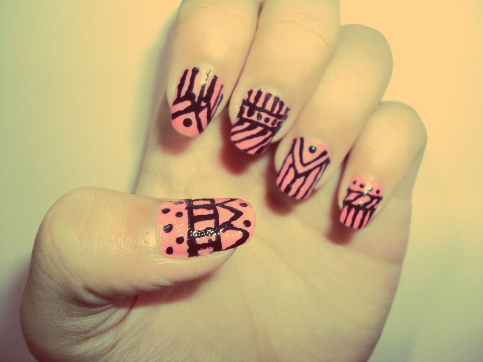 Pink And Black Tribal Nail Art Design Idea