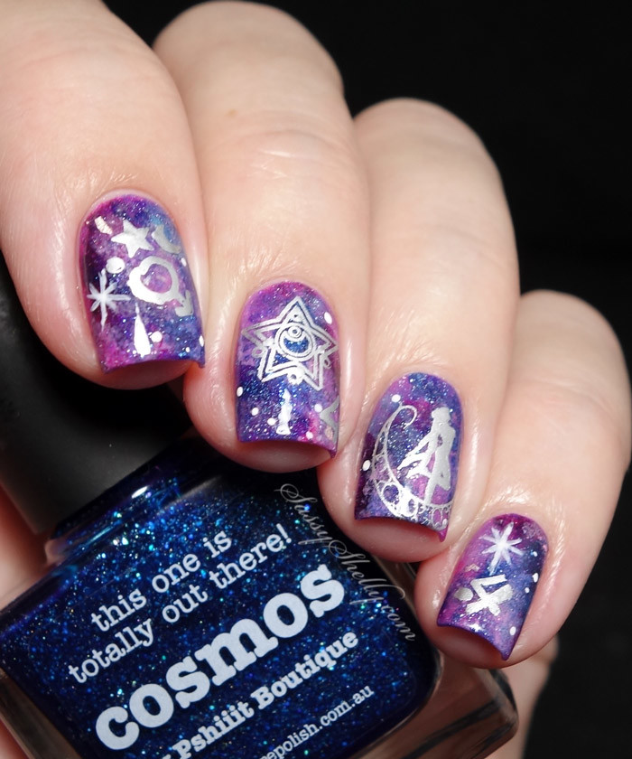 Pink And Blue Galaxy Nails With Sailor Moon Stamping Design Idea