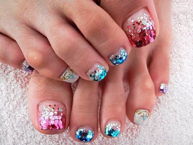 Pink And Blue Glitter Toe Nail Art Design Idea
