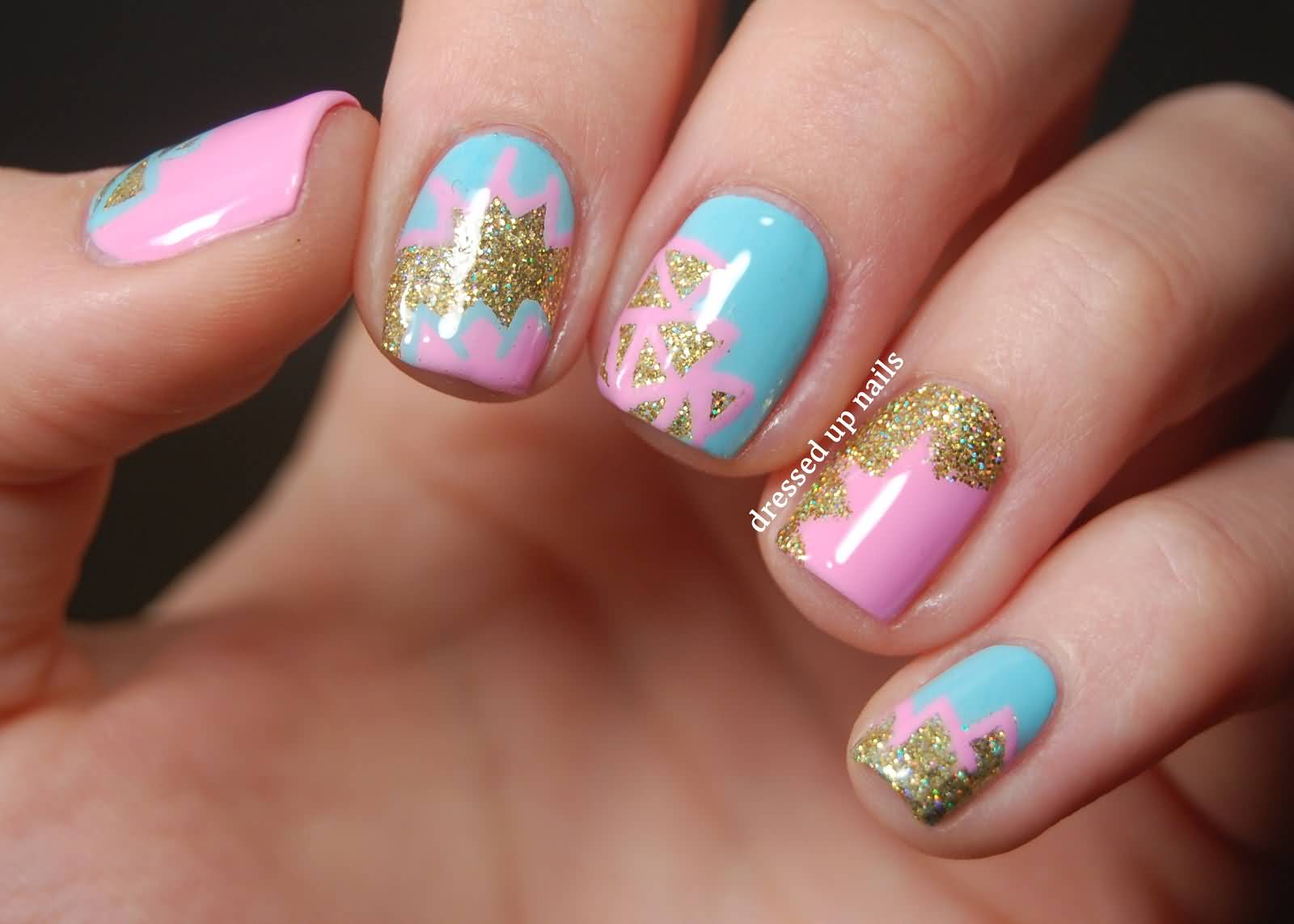 Pink And Blue Nails With Gold Glitter Nail Art Design Idea