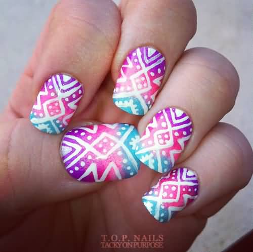 Pink And Blue Ombre Tribal Nail Art