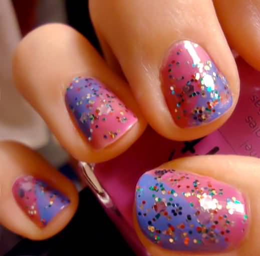 Pink And Purple Nails With Glitter Nail Art