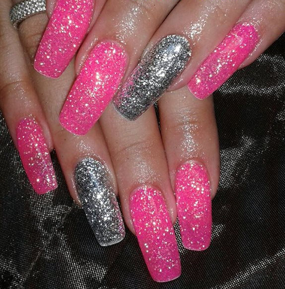 Pink And Silver Glitter Nail Art Design Idea