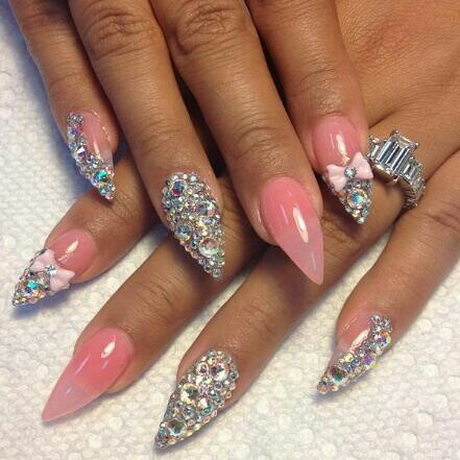 Pink And Silver Glitter Stiletto Nail Art With 3D Bow Design