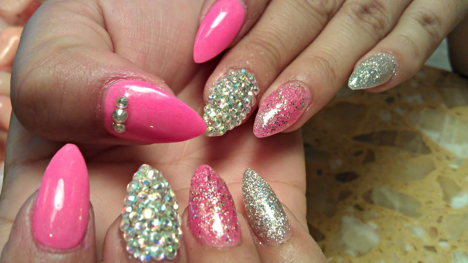 Pink And Silver Glitter Stiletto Nail Art