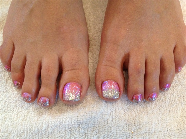 Pink And Silver Glitter Toe Nail Art