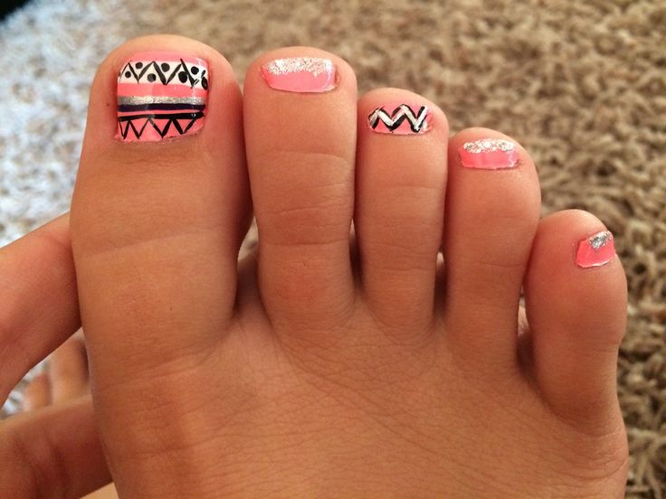 Pink And Silver Tribal Toe Nail Design Idea