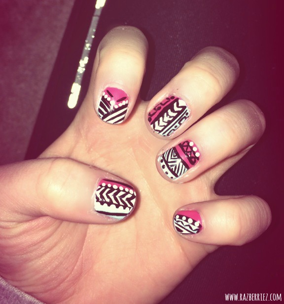Pink And White Tribal Nail Art Design