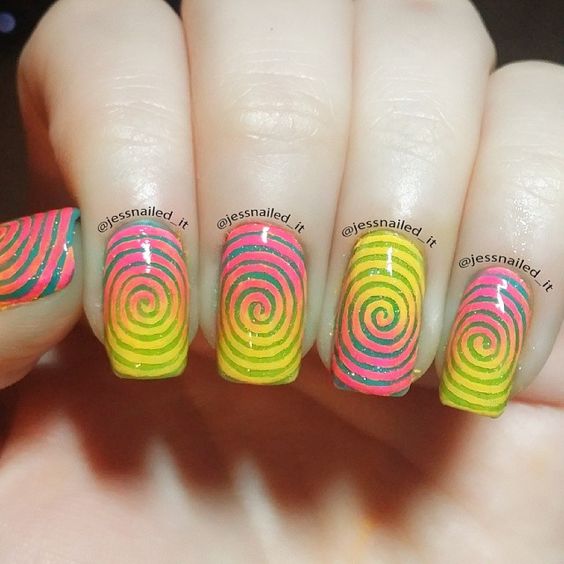 Pink And Yellow Ombre Spiral Design Nail Art Idea