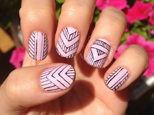 Pink Base Nails With Black Tribal Design Idea