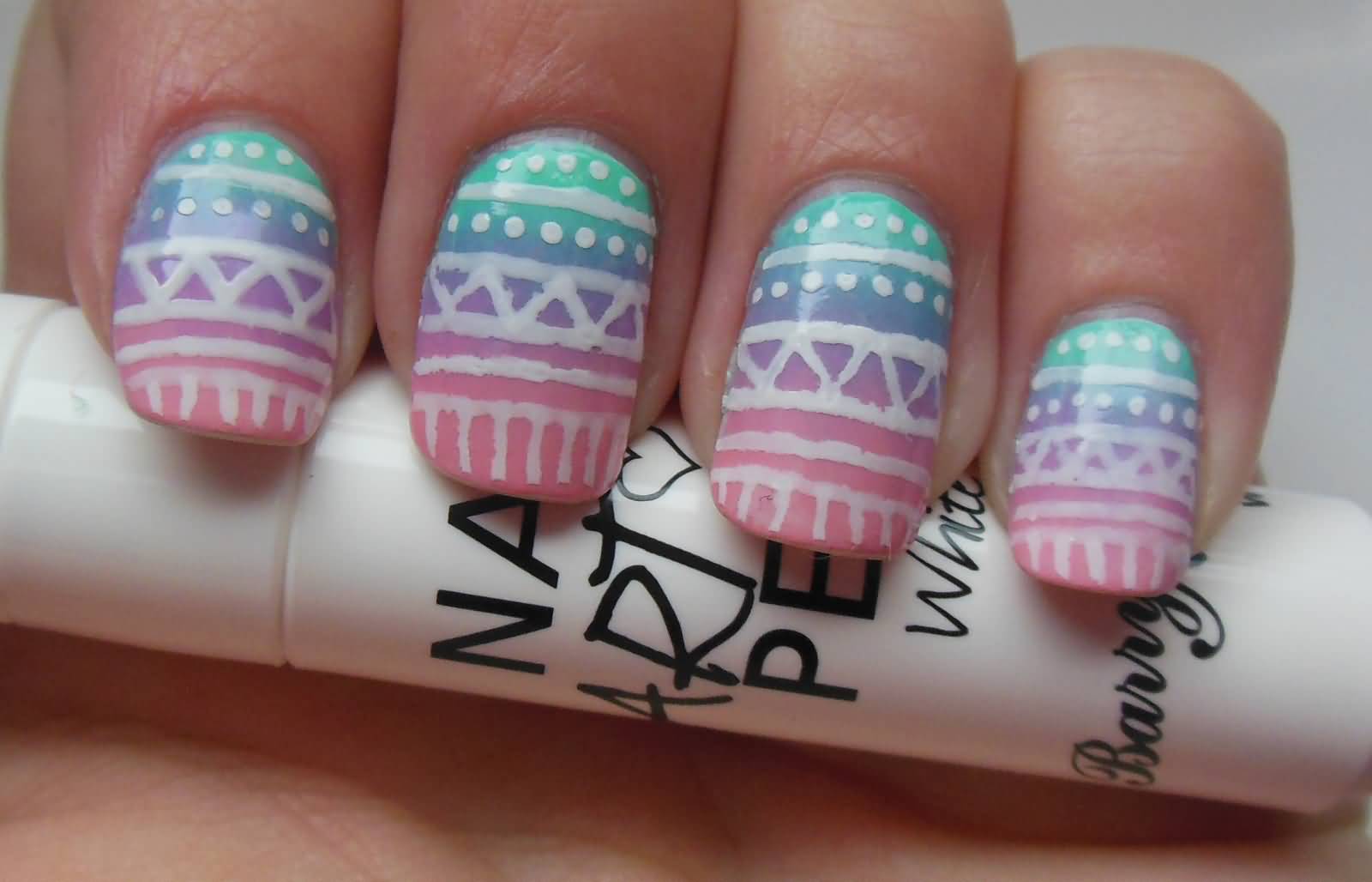 Pink Blue And Purple Gradient Tribal Nail Art