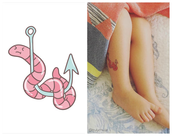 Pink Color Worm On Fishing Hook Tattoo On Right Leg
