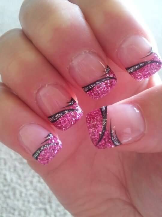 Pink Glitter French Tip Nail Art With Black Stripes Design