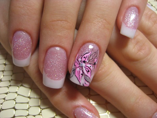 Pink Glitter Gel Nail Art With White Tip And Accent Flower Design