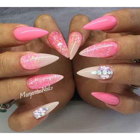 Pink Glitter Gel Stiletto Nail Art