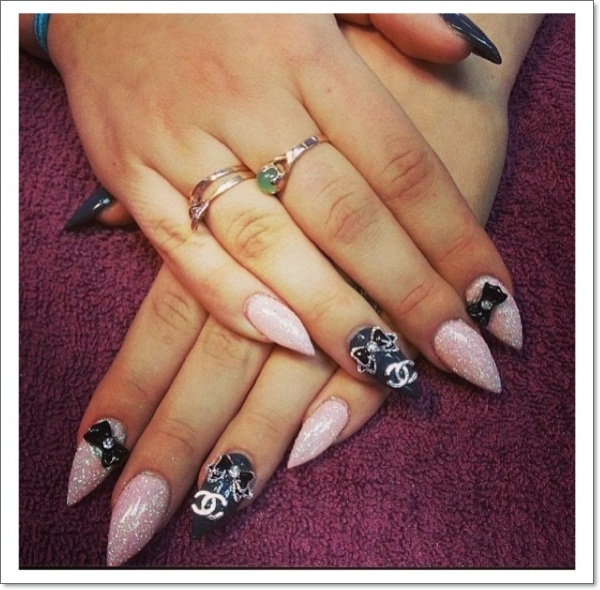 Pink Glitter Gel With Black 3D Bow Stiletto Nail Art