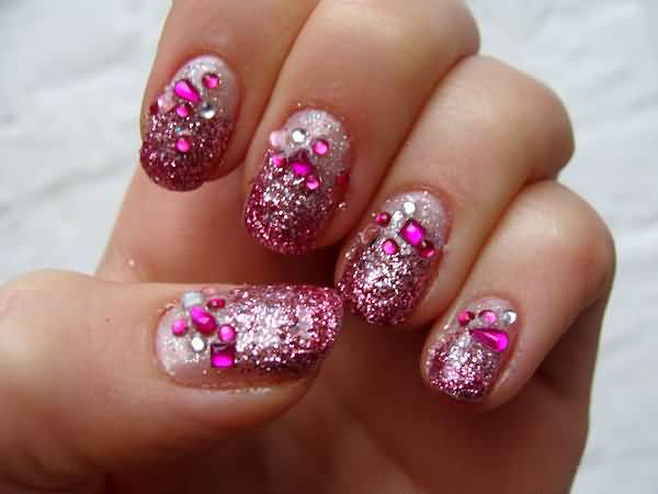 Pink Glitter Nail Art With Rhinestones Design Idea