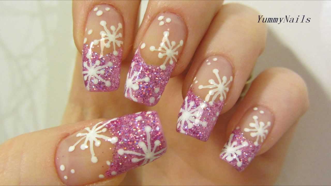 Pink Glitter Tip Nail Art With Snowflakes Design