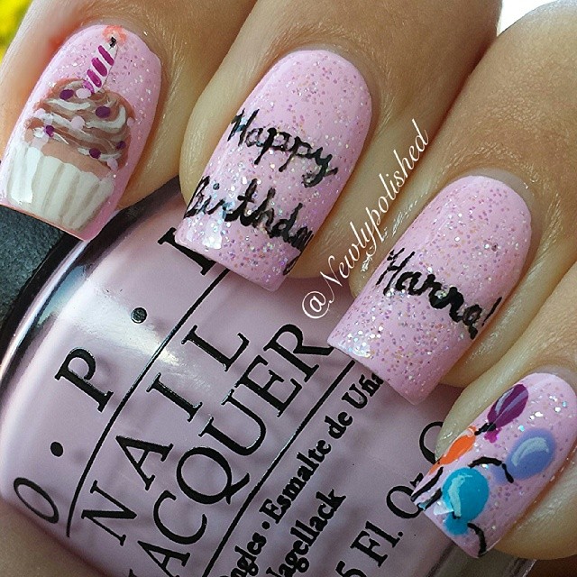 Pink Glitter With Cupcake And Balloons Birthday Nail Art