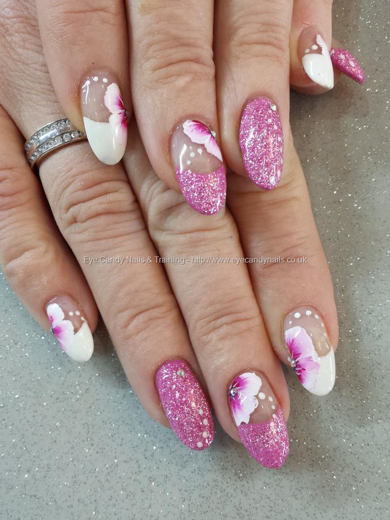 Pink Glitter With Freehand One Stroke Flower Nail Design Idea