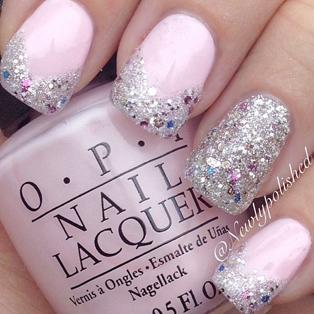 Pink Glossy Nails With Silver Glitter Nail Art