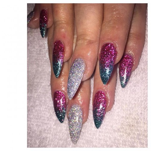 Pink Green And Silver Glitter Stiletto Nail Art