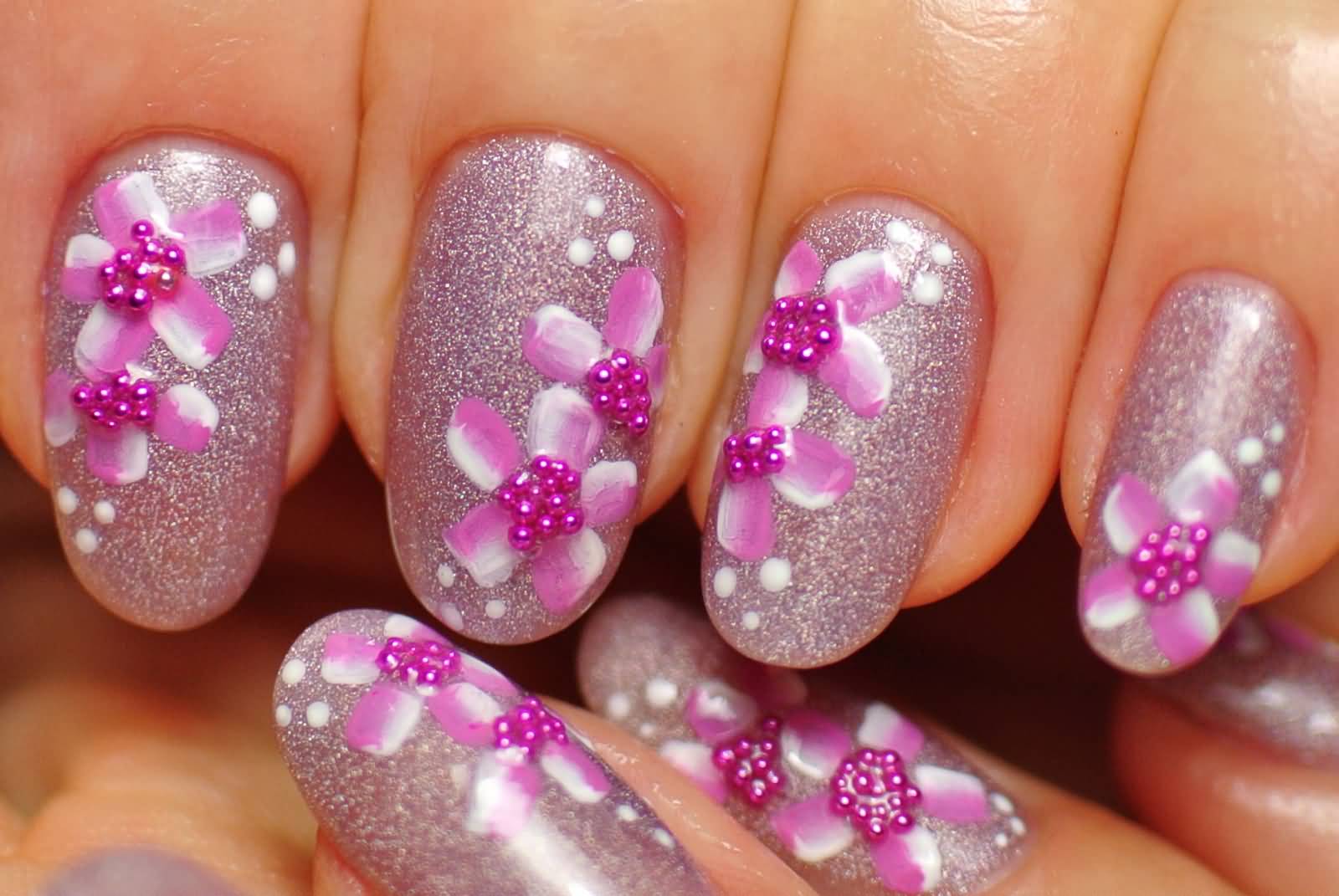 Pink Holographic And Flowers Nail Art Design Idea