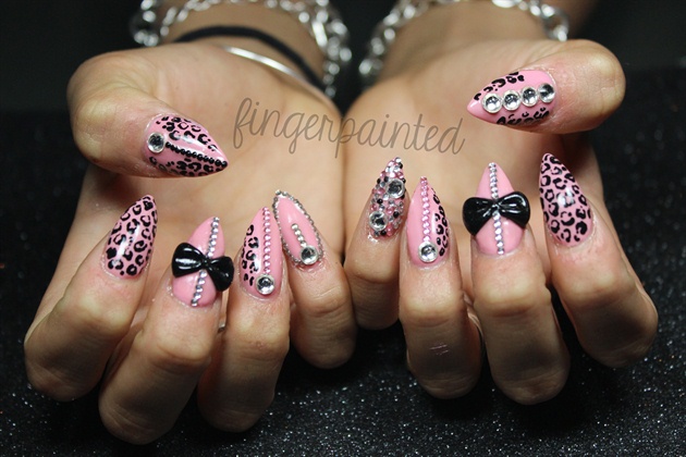 Pink Leopard Print Stiletto Nail Art With Black 3D Bow Design
