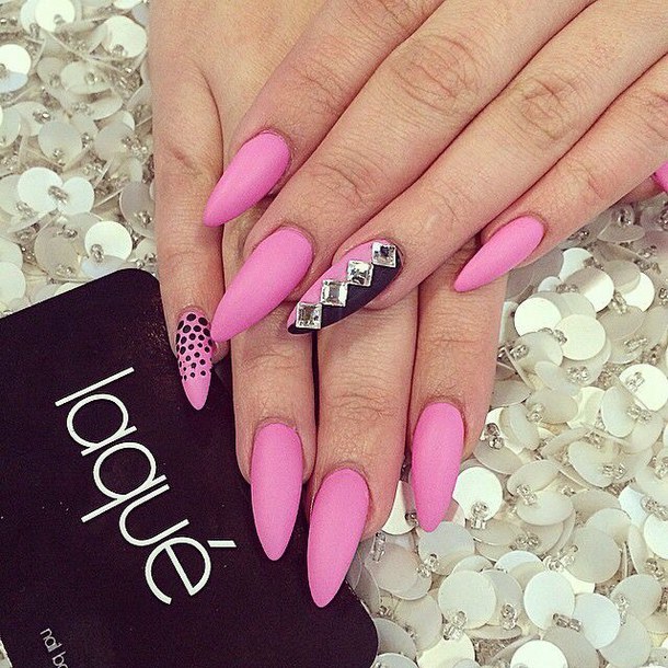 Pink Matte Stiletto Nail Art With Black Dots And Studs Design