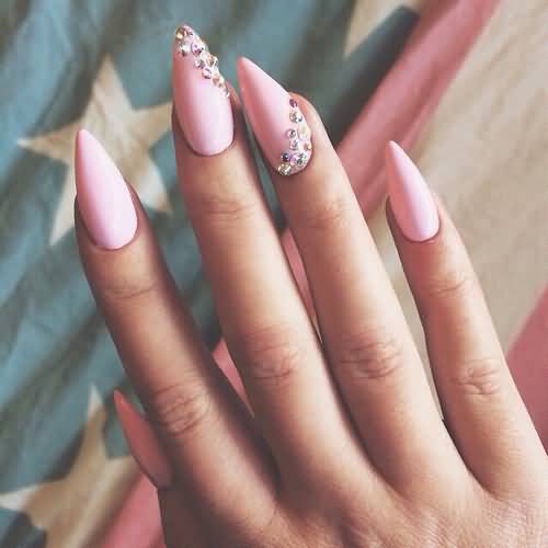 Pink Matte Stiletto Nail Art With Rhinestones Design Idea